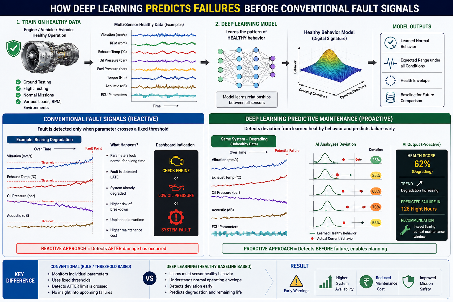 Diagnostic Architecture Infographic: Conventional Faults vs Deep Learning Predictive Intelligence